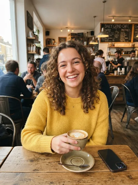 Colour photo of a smiling woman in a café