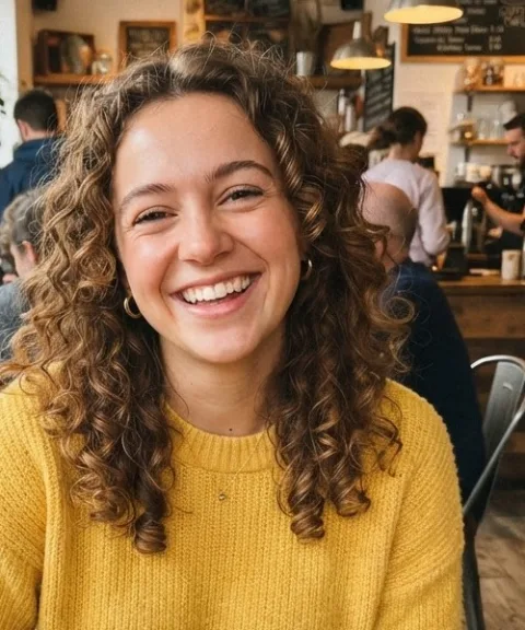 Photo of a smiling woman with curly hair in a busy café